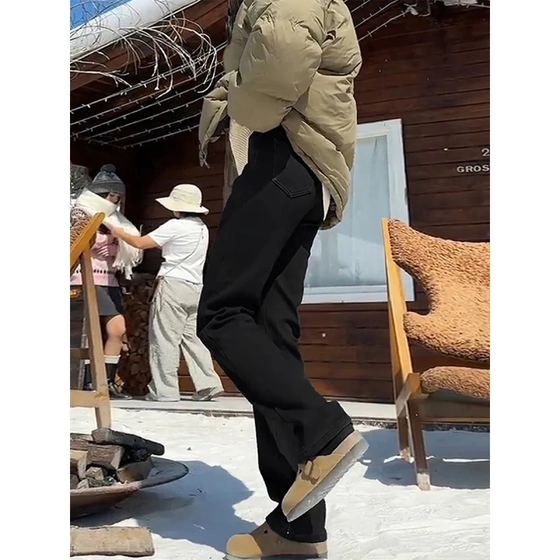 大码加绒加厚直筒牛仔裤女2025秋冬胖mm高腰显瘦弹力马蹄微喇叭裤