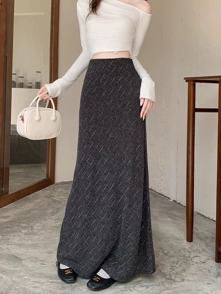 KELE  【包臀烫钻】2025秋季新款复古高腰显瘦烫钻长款包臀半裙