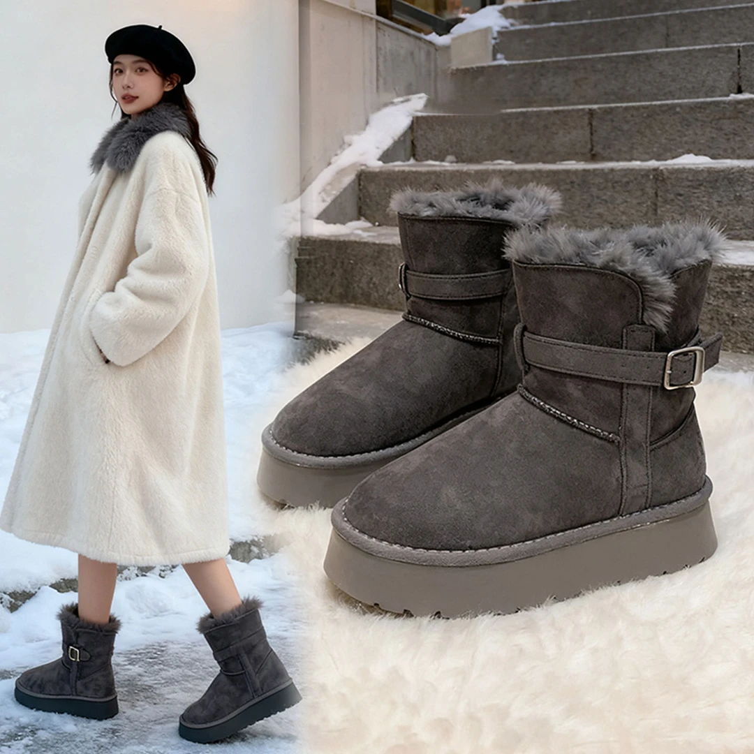 小个子厚底灰色中筒雪地靴女2025冬新款增高加绒加厚保暖东北棉鞋