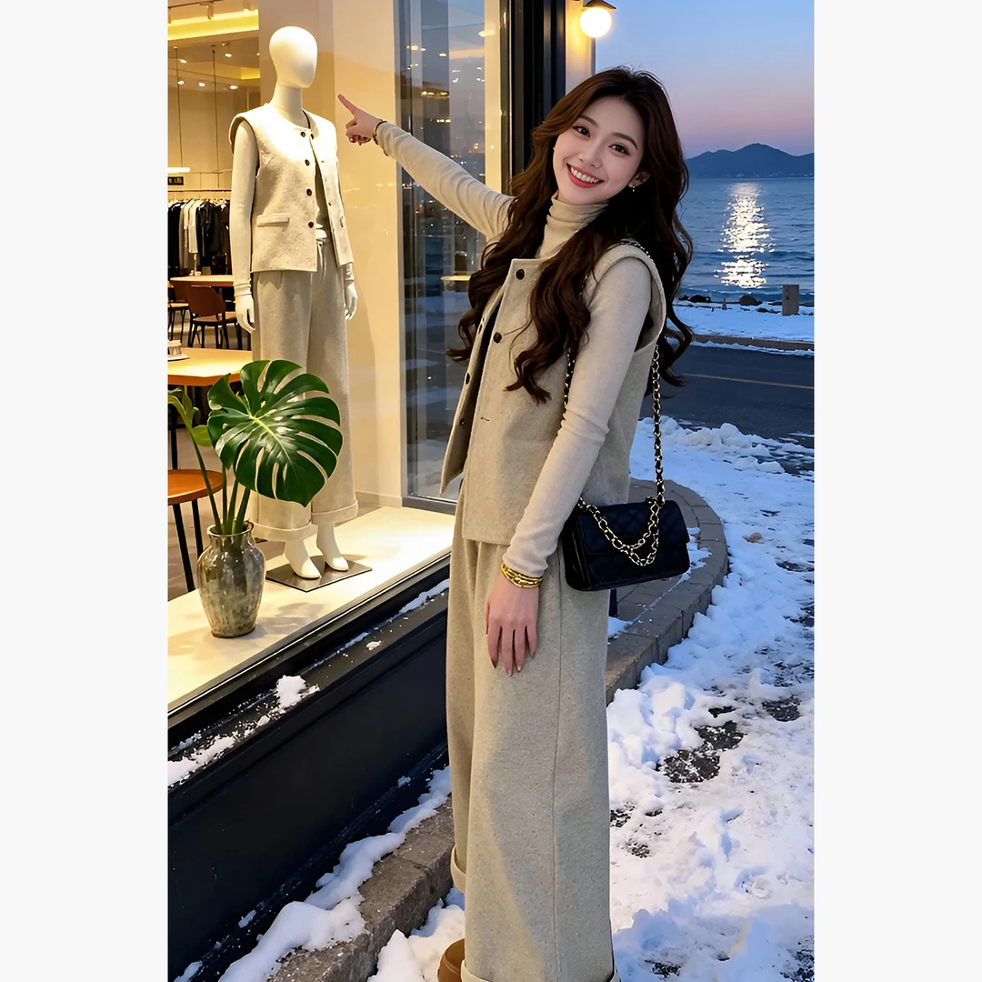 法式气质高级感三件套女秋冬季新款洋气减龄马甲打底衫阔腿裤套装