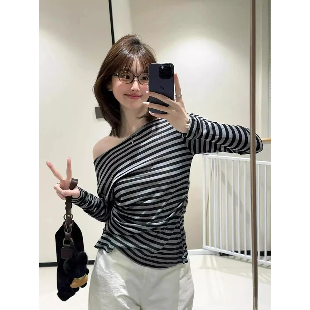 韩系高级感斜肩条纹长袖t恤女秋季短款小个子甜辣妹独特收腰上衣