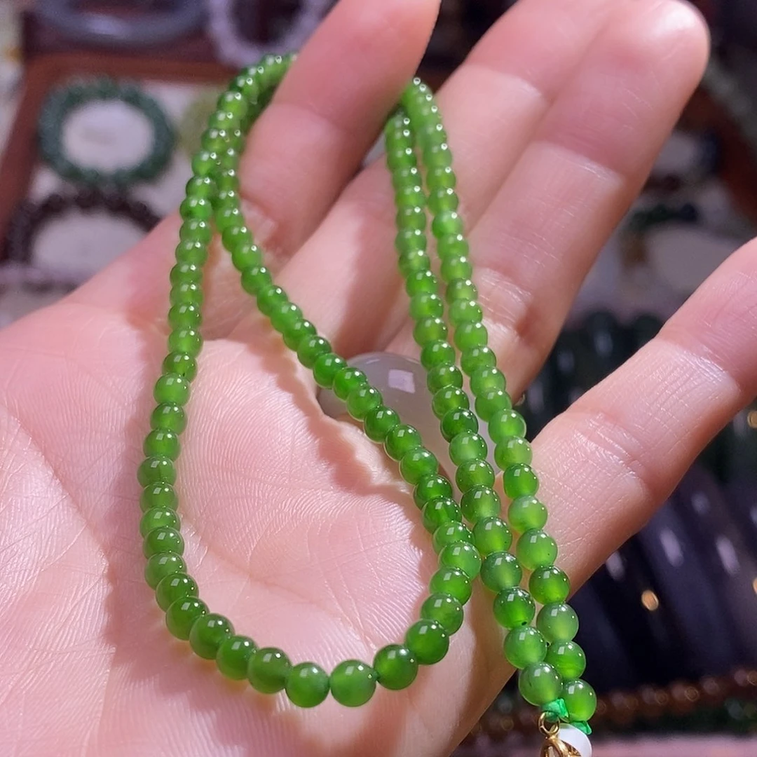颈饰未镶嵌和田玉金扣碧玉辣绿4mm项链
