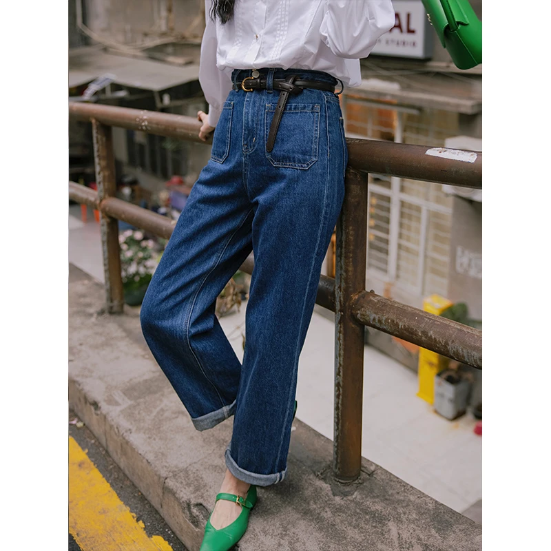 （配腰带）陈佳佳炸街指南港风复古显瘦长裤女高腰牛仔长裤 J080046