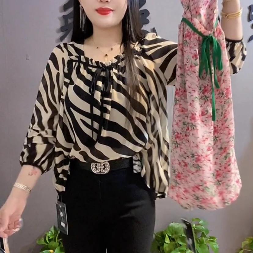 蝴蝶结中袖雪纺衫女宽松上衣洋气遮肚子时尚小衫