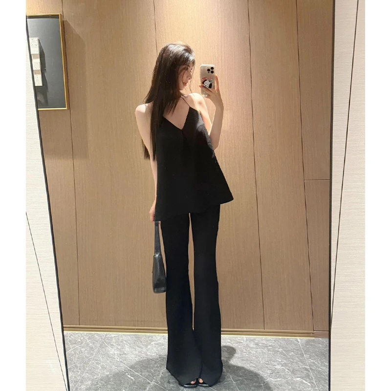 INS CEC韩版法式穿搭甜辣A字露背挂脖上衣+休闲高腰微喇裤两件套