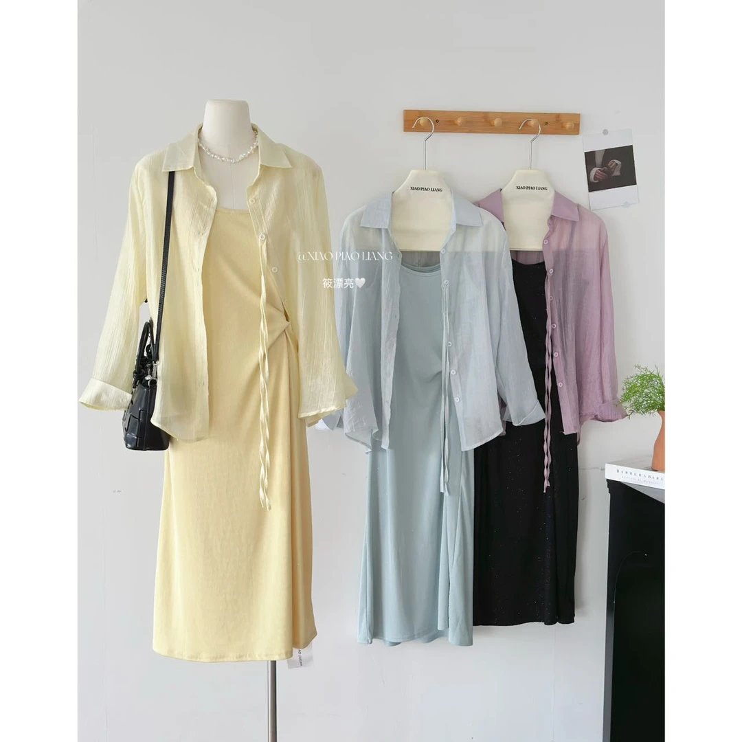 2025韩系夏季薄款长袖翻领衬衫+细闪吊带中长款连衣裙0819#0.1
