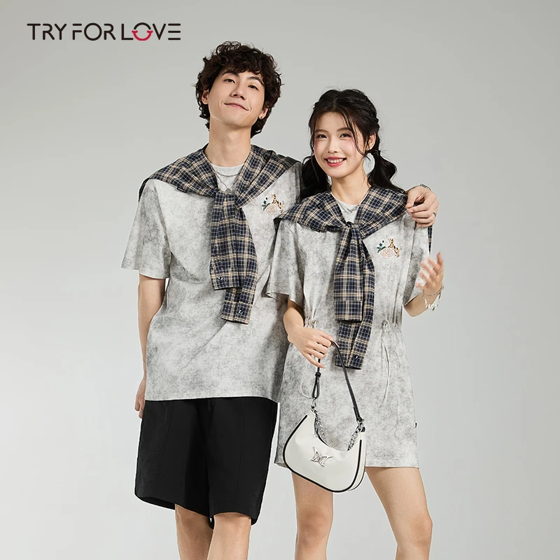 TRYFORLOVE情侣装夏季简约休闲短袖T恤连衣裙女2025新款一裙一衣