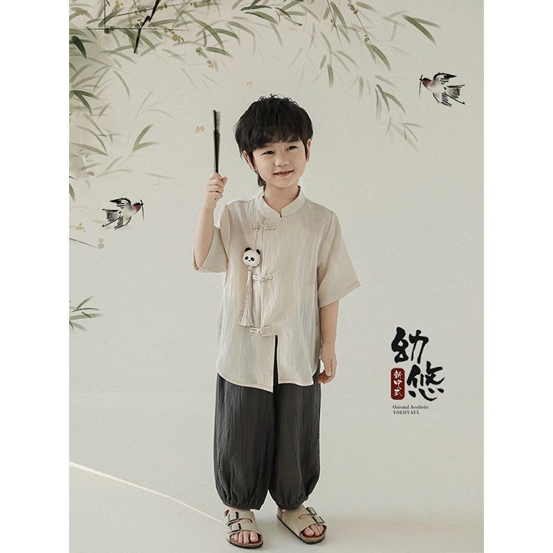 YOEHYAUL/幼悠夏三波【功夫熊猫】男童新中式夏季薄款儿童套装N6074