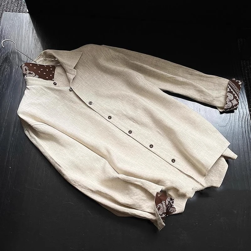 夏季新款轻奢度假风休闲长袖衬衫男简约时尚复古花纹百搭翻领衬衣