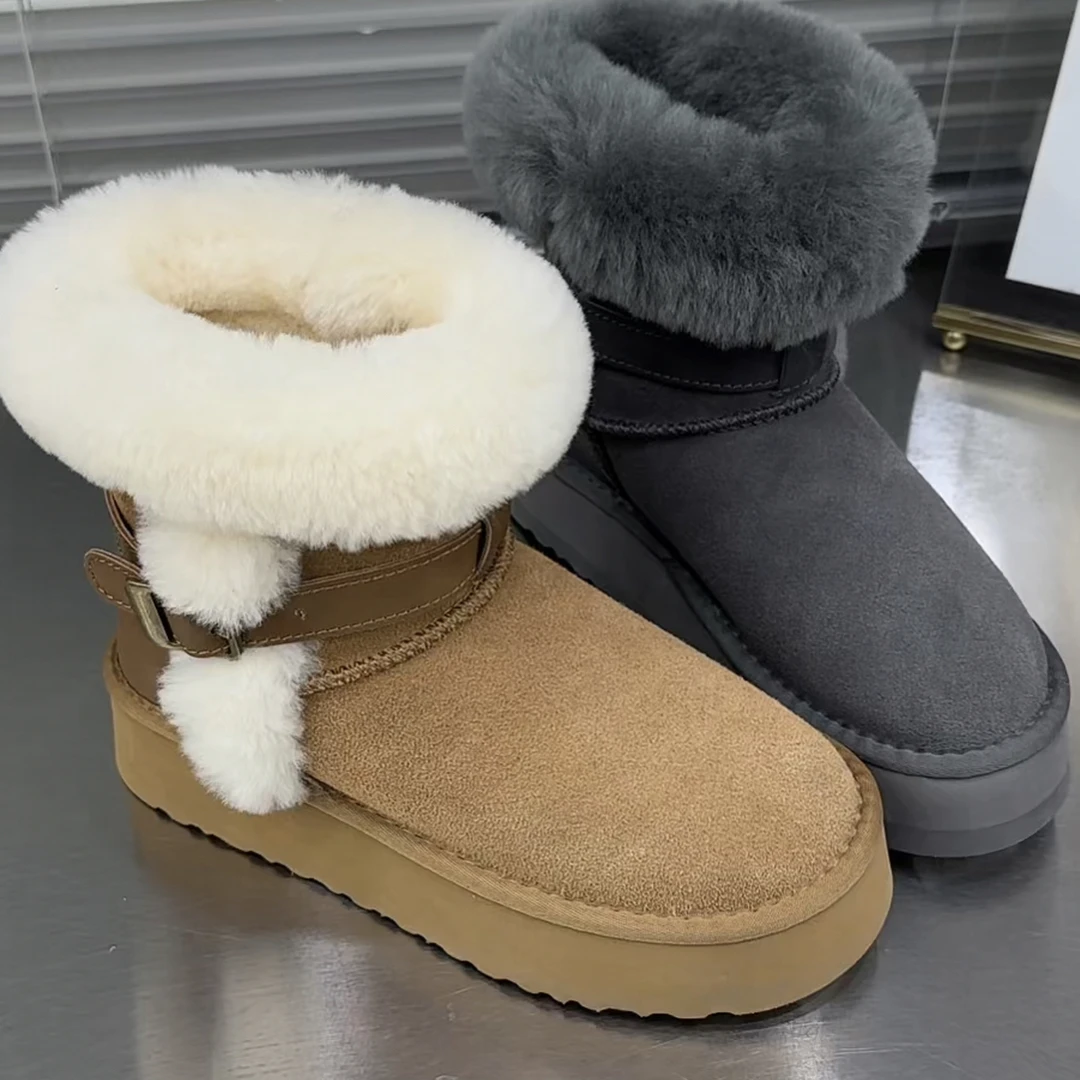 厚底松糕皮带扣羊羔毛毛雪地靴女短靴棉鞋面包鞋潮