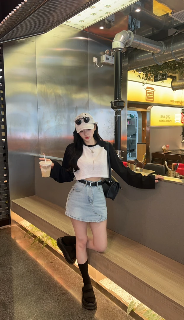 【TX】插肩袖拼色圆领长袖休闲上衣/A字牛仔半身裙