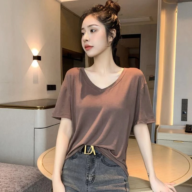 2025新款夏装V领宽松短袖t恤女莫代尔慵懒风百搭半袖高级感打底衫