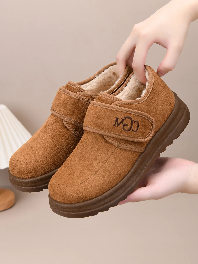 冬季新款魔术贴一脚蹬圆头低帮棉鞋老北京棉靴加绒保暖面包头棉鞋
