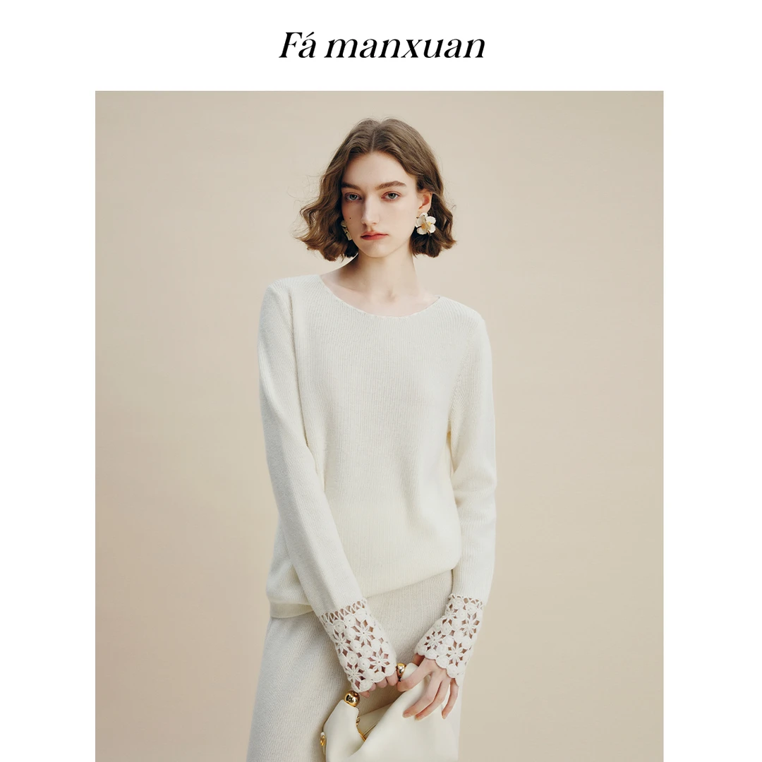 法曼萱重工立体勾花法式船领美利奴羊毛针织衫女秋季新款百搭上衣