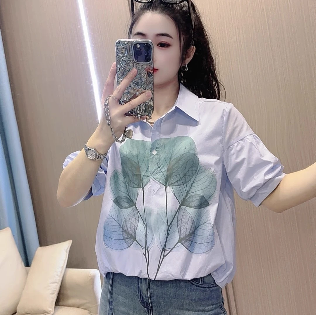 小清新衬衫女短袖2025年夏季新款时尚休闲翻领树叶印花泡泡袖衬衣