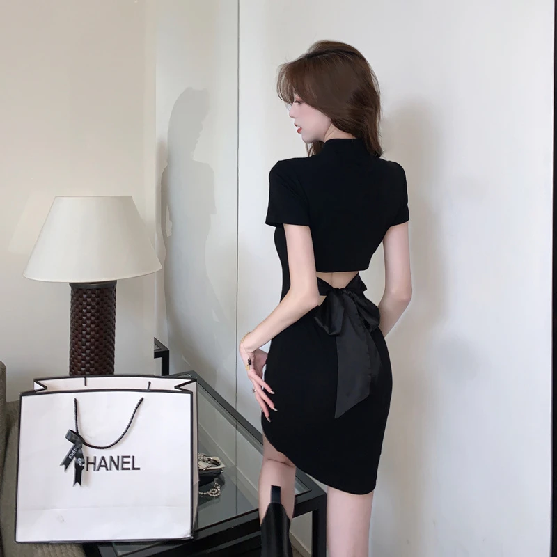 2024年新款露后背绑带蝴蝶结镂空包臀显瘦改良式旗袍黑色连衣裙子