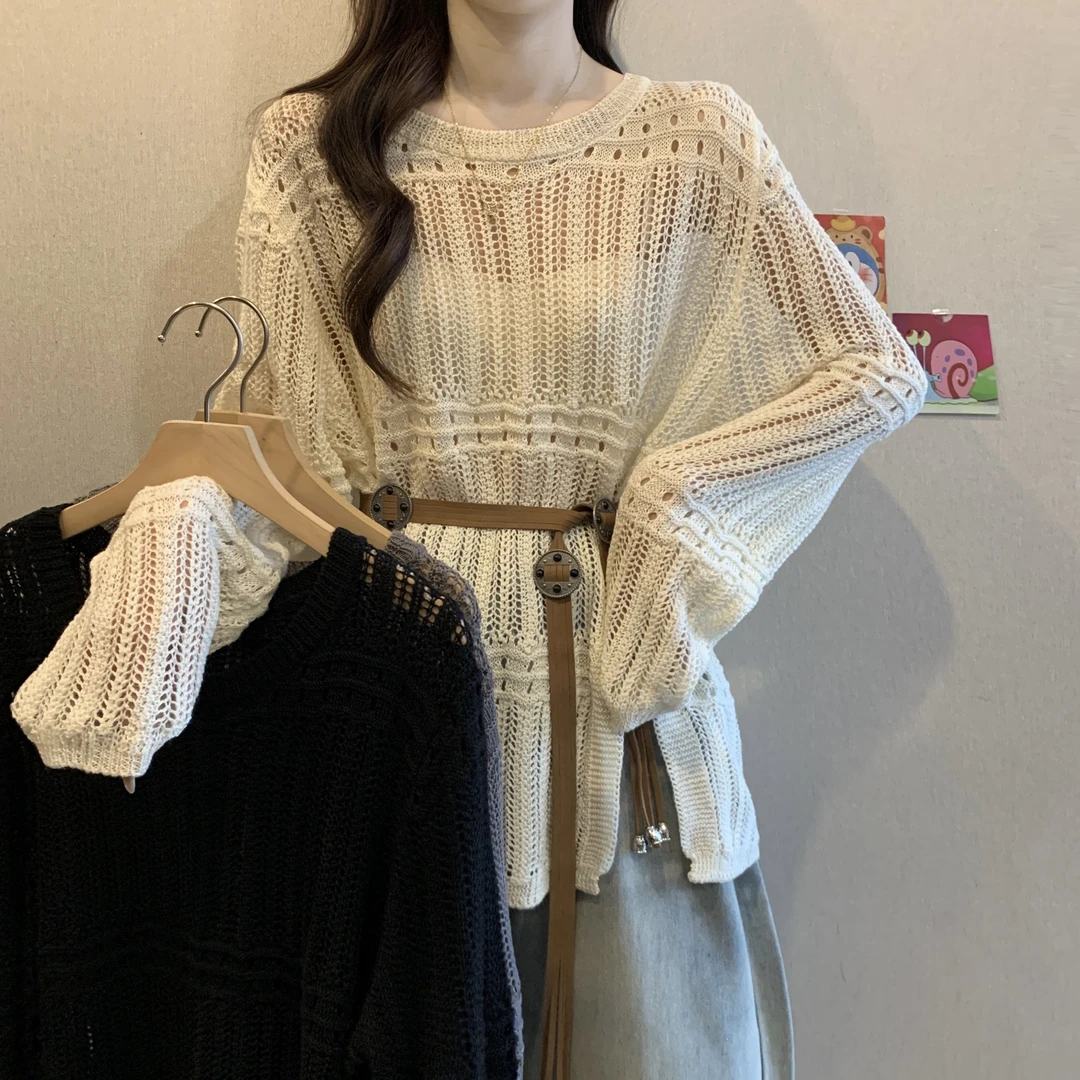 波西米亚镂空开叉针织衫女秋胖MM新款气质腰带收腰显瘦不规则罩衫