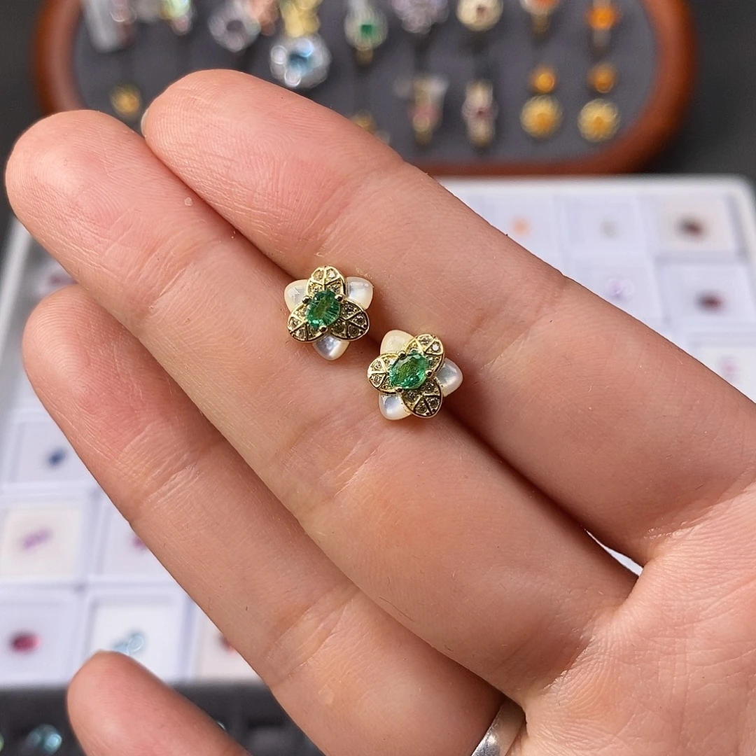 耳饰银S925镶嵌祖母绿