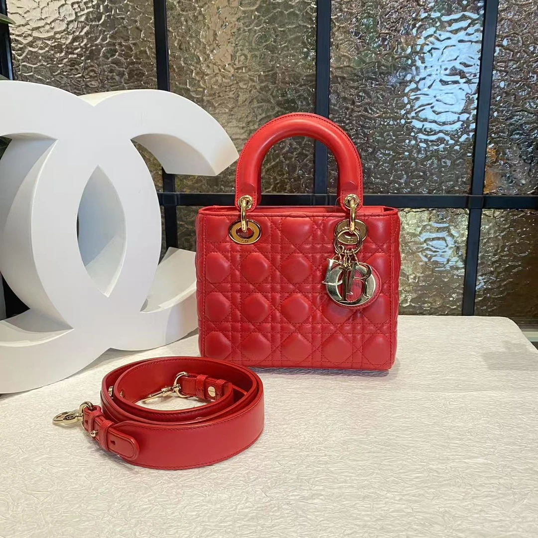 95新 DIOR/迪奥 Dior金标红色四格戴妃拎包 25030151-06