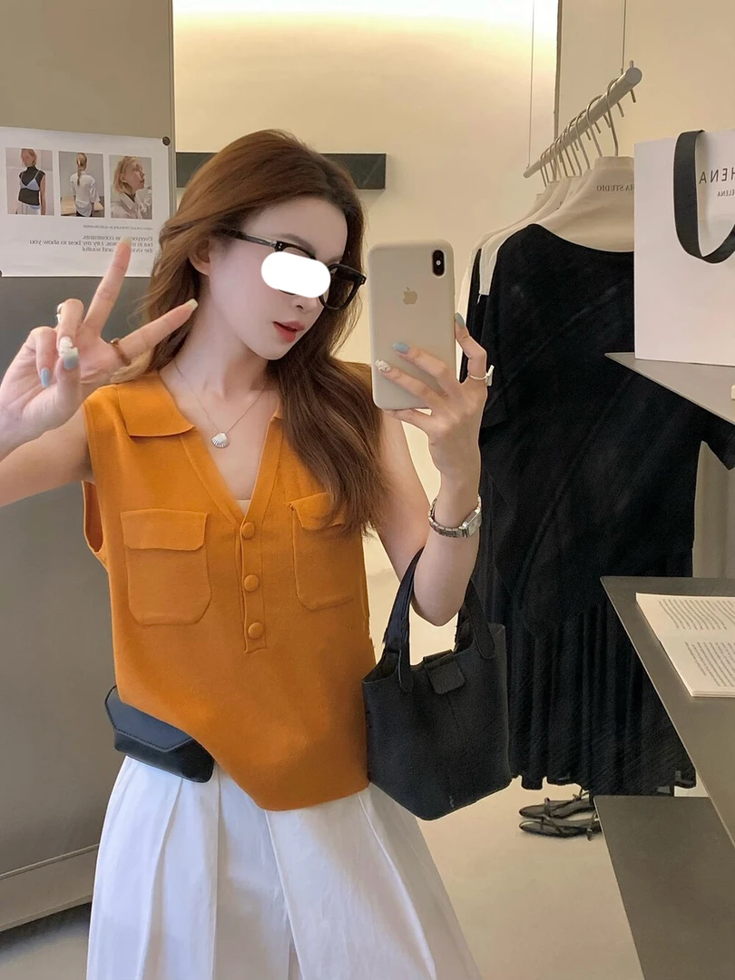 【天丝亚麻】夏季新款Polo衫气质V领休闲百搭纯色针织无袖外穿时尚