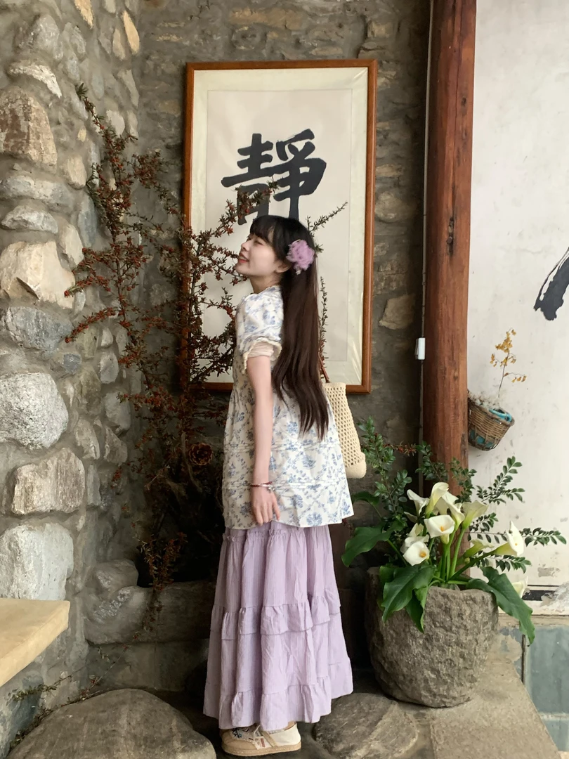 甜圈圈【花漾紫韵】蓝色碎花短袖衬衫紫色半身裙两件套温柔显瘦2