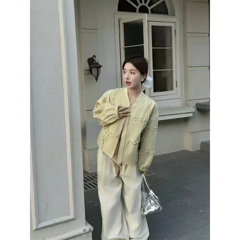 2025春季新款韩版短外套女圆领花边休闲时尚夹克棒球服小个子上衣