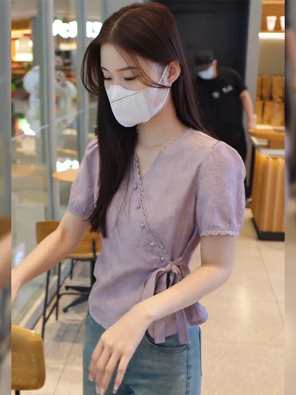 温柔风洋气紫色短袖衬衫女2025夏季新款收腰系带短款上衣气质女装