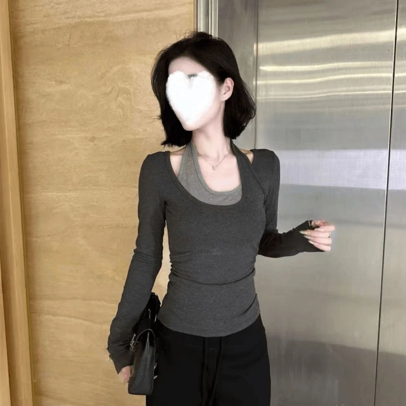 YIDENG2025早秋新款撞色假两件长袖挂脖设计感修身拼接上衣T恤女
