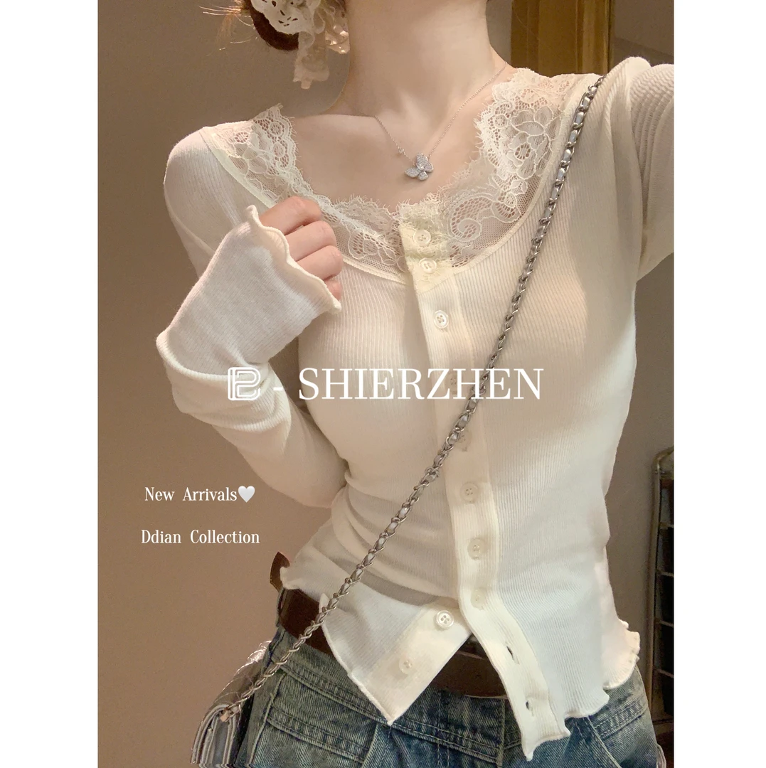 2025早春韩版纯欲蕾丝拼接纽扣设计感修身时尚长袖上衣T恤女