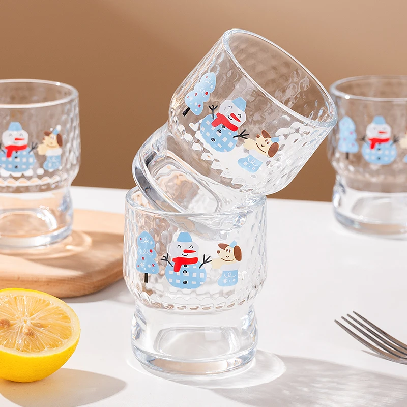 【两只装】卡通锤纹圣诞雪人玻璃杯果汁小狗牛奶咖啡杯家用*早餐杯