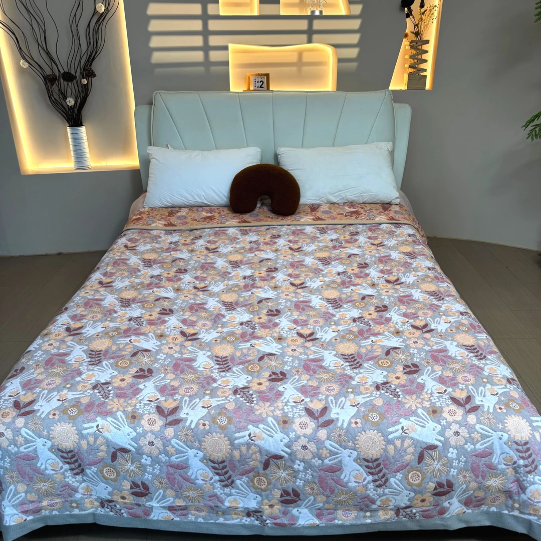 【床盖-玉兔-灰】200*230CM可铺可盖多层棉纱布亲肤通用床盖