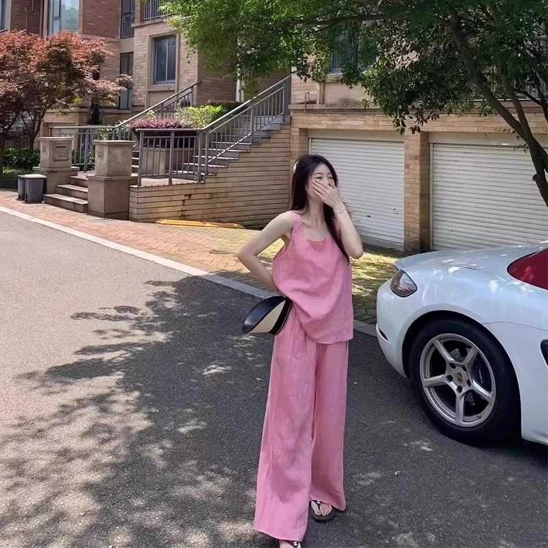 韩版粉色棉麻套装女2025夏季小个子时尚盐系背心上衣阔脚裤两件套