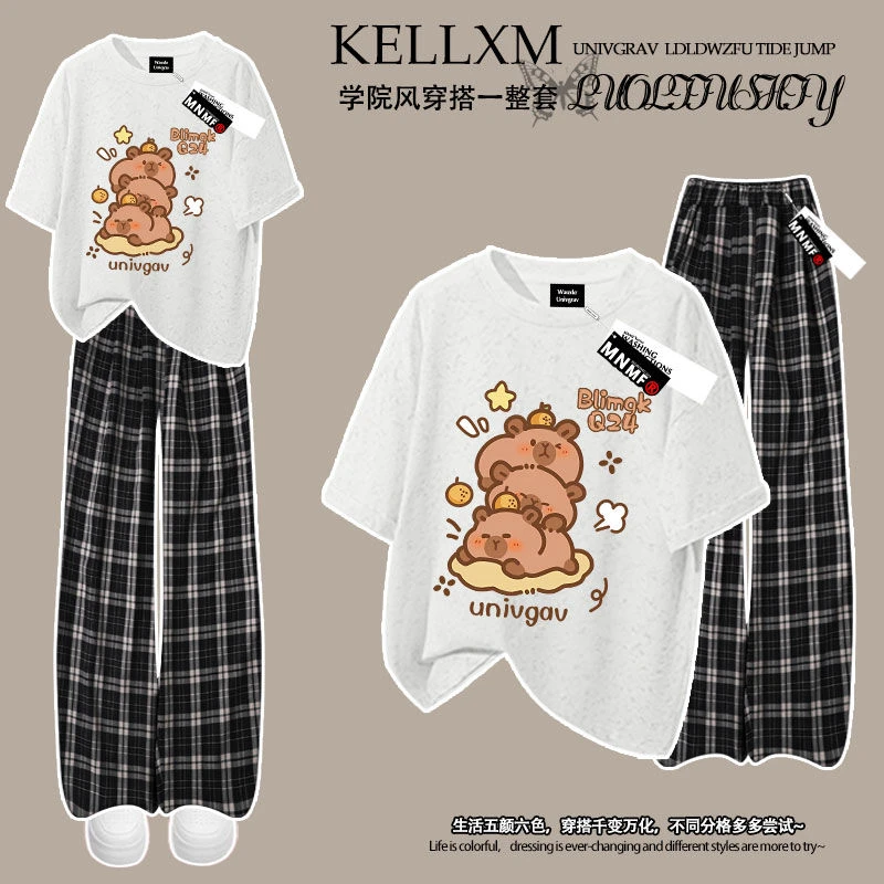 2025夏季男女童套装纯棉扎染短袖T恤格子裤洋气卡通卡皮巴拉印花