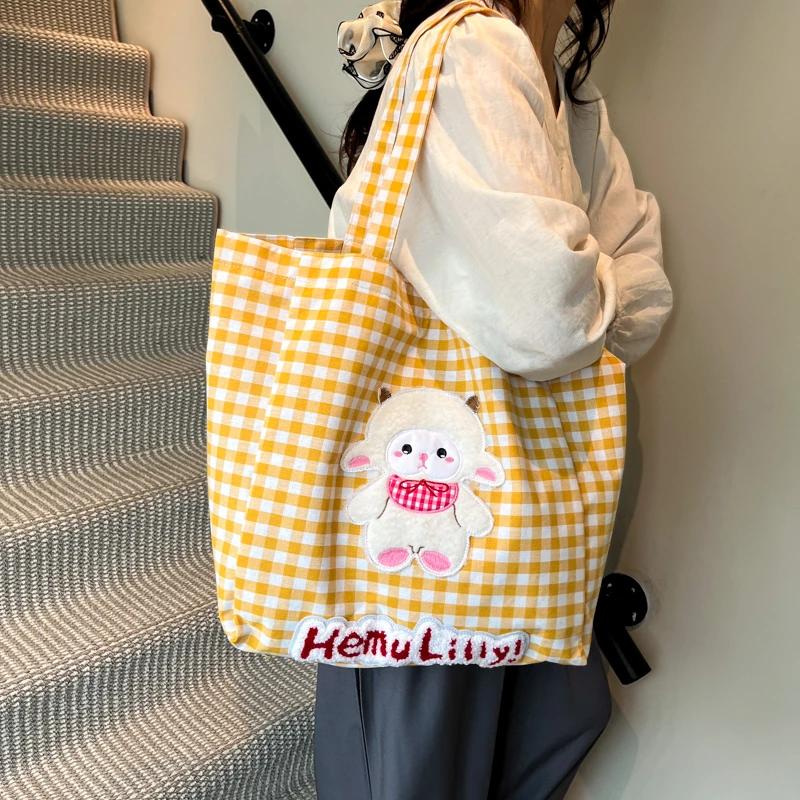 099大容量可爱刺绣包2025新款休闲百搭格子学生上课单肩托特包女