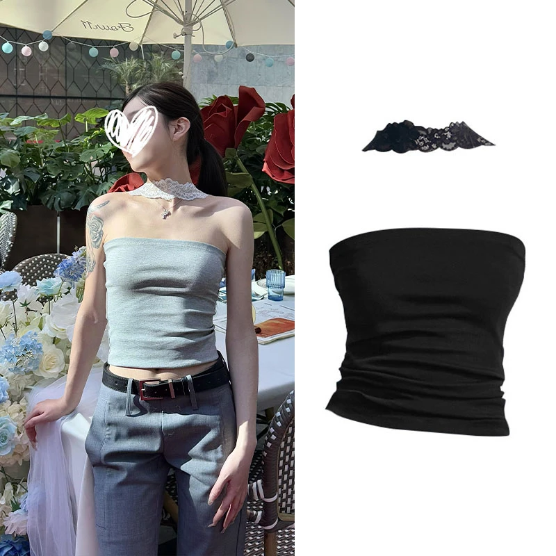 YIDENG辣妹灰色蕾丝挂脖抹胸背心夏季修身内搭设计感外穿女上衣潮