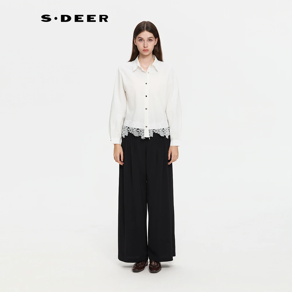 sdeer圣迪奥女装25年新品田园风翻领花边拼接长袖衬衫S253Z0507