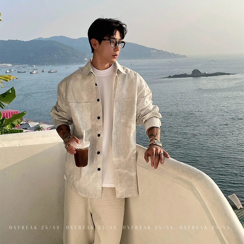 OXFREAK 「大理石纹理感」水洗扎染长袖衬衫男设计感小众韩系外套
