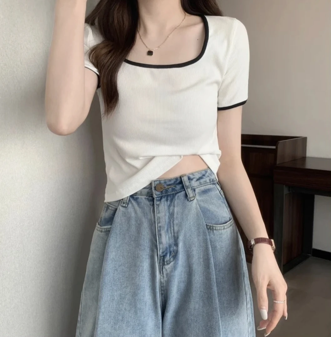 【妹妹专属】方领撞色短袖t恤女新款夏季韩版设计感修身短款上衣潮