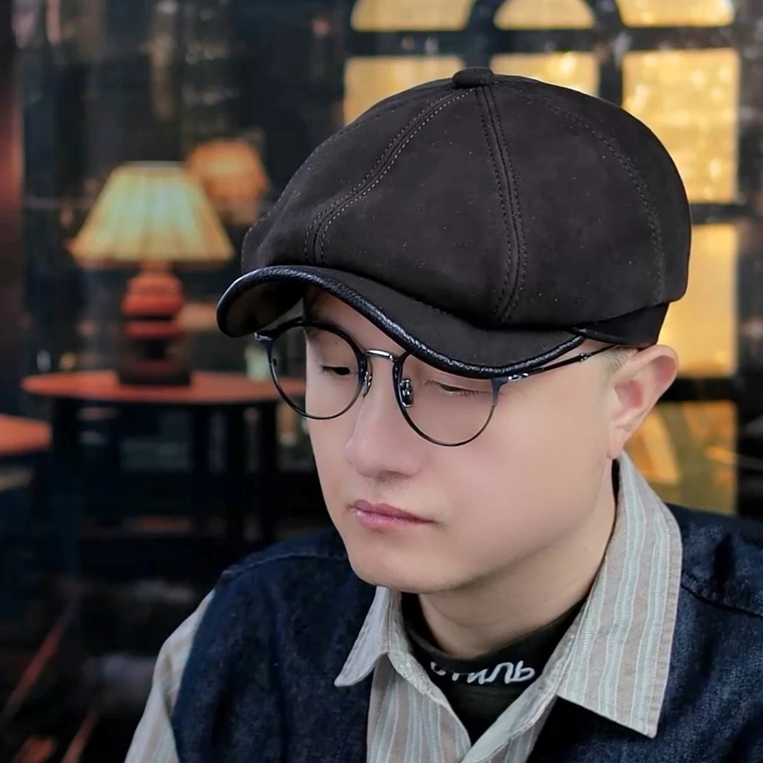 男士中老年鸭舌帽真皮秋冬季贝雷帽羊皮保暖前进帽休闲八角帽1038