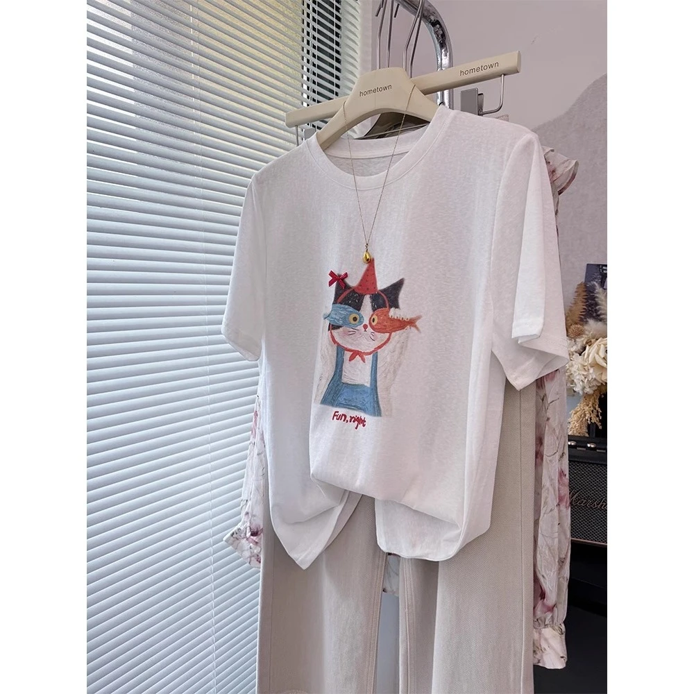 慵懒风宽松大码小猫印花短袖T恤女雪花棉夏装薄款松弛感体恤上衣