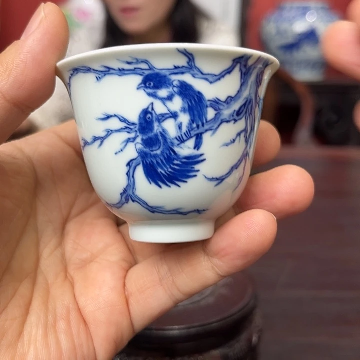 瓷杯子青花枯枝花鸟纹杯子
