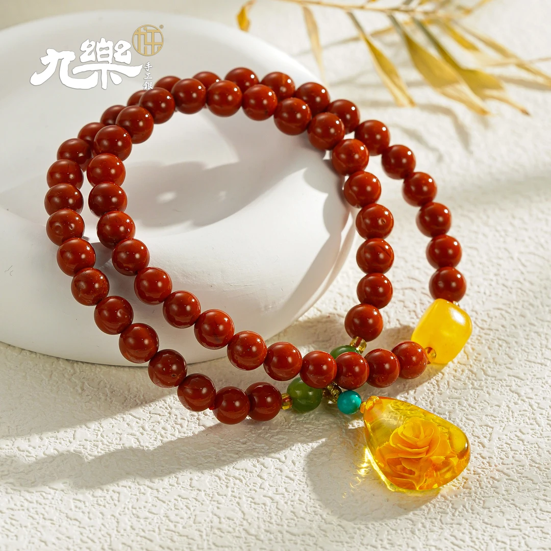 九乐山茶花水滴蜜蜡7N双层南红珠手串（H）