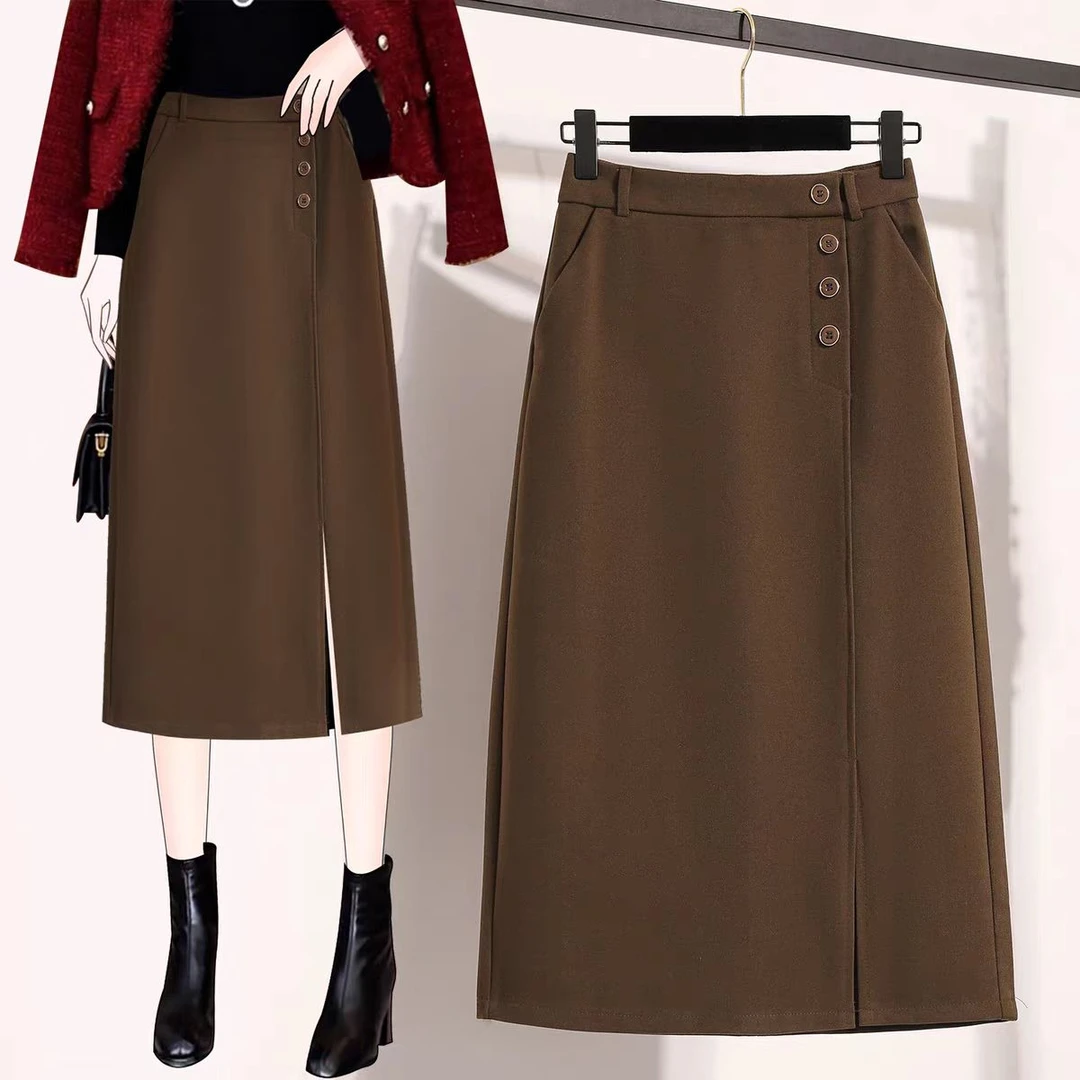 0062【裙长78】秋冬新款毛呢高腰直筒中长款开叉减龄时尚显瘦a字裙