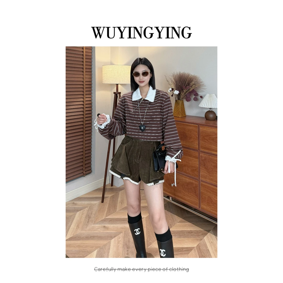 WUYINGYING【糖炒栗子】早秋条纹撞色时尚POLO领针织上衣WYY677