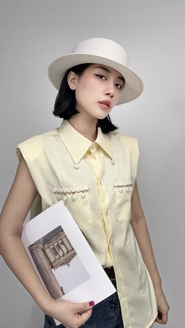 66073#欧洲站夏季贝壳时尚百搭宽松显瘦洋气简约设计感减龄衬衫
