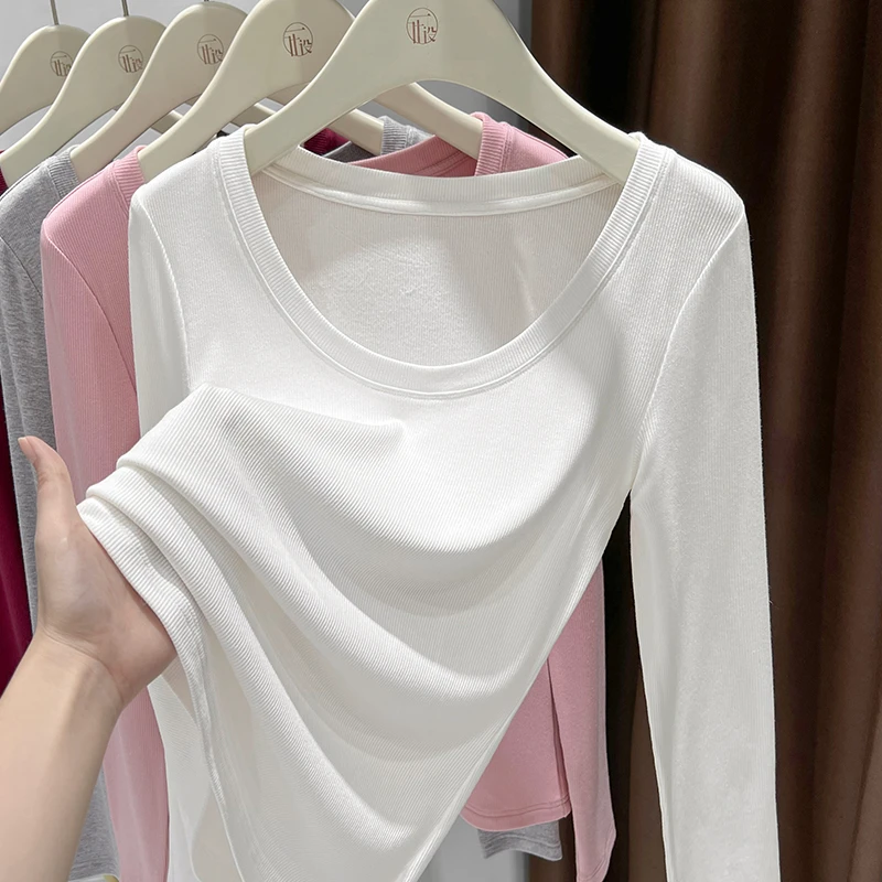 纯欲露锁骨针织打底衫女秋冬季圆领磨毛内搭修身薄绒T恤长袖上衣