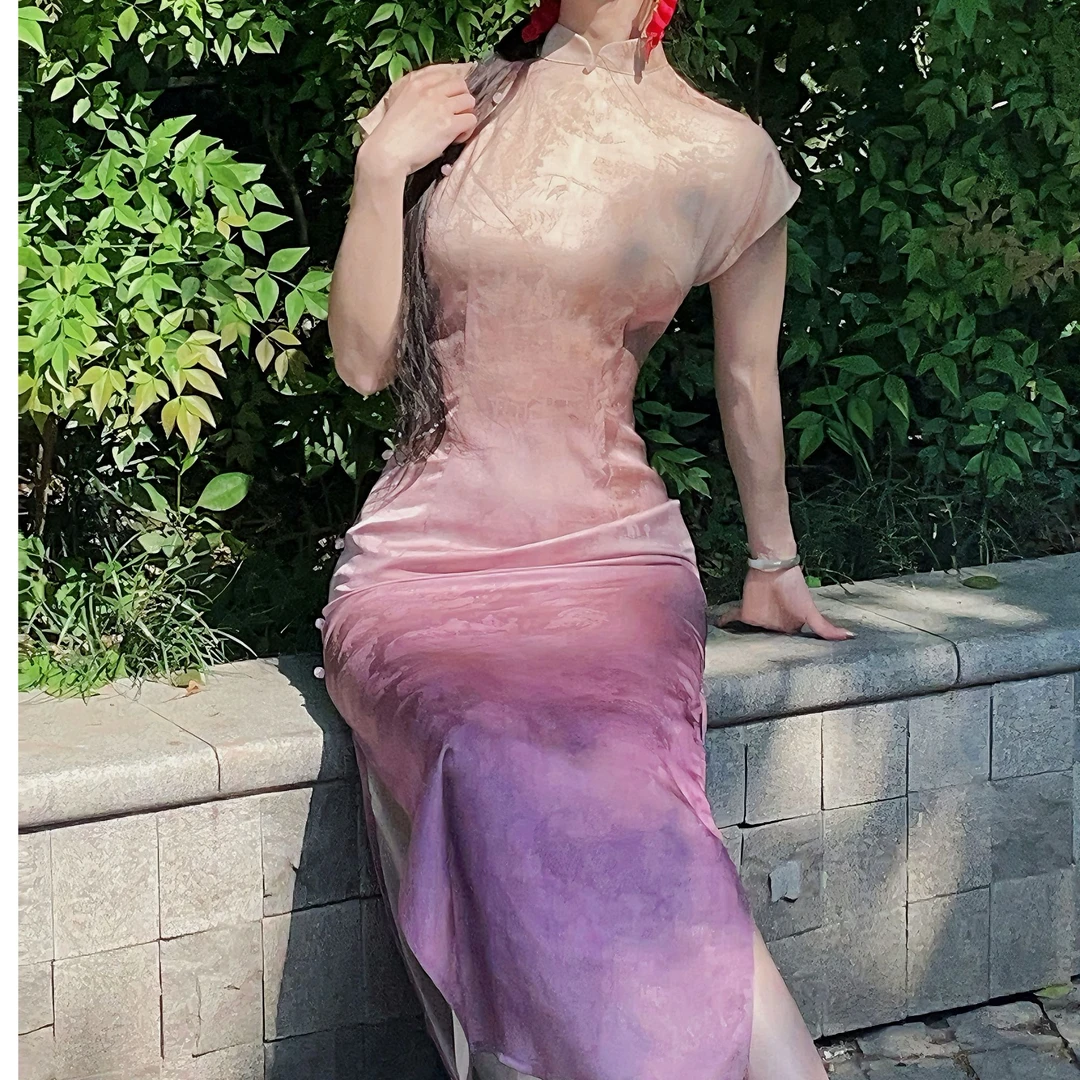秋辞香~花月下渐变晕染贝壳袖长款夏季国风旗袍连衣裙