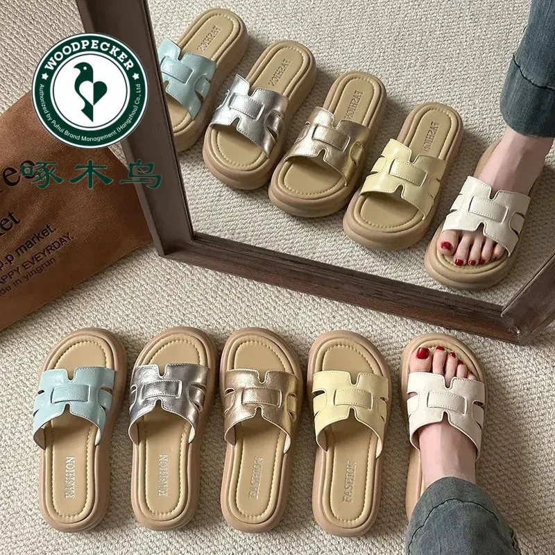 啄木鸟小个子厚底增高外穿拖鞋女2025新款夏季ins沙滩一字凉拖鞋