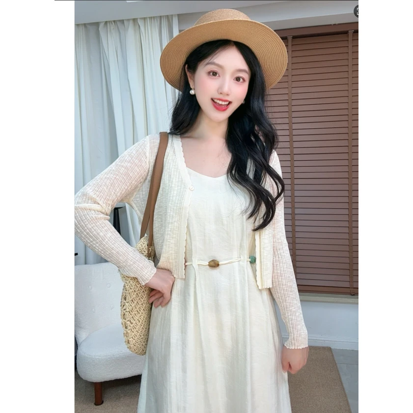 夏季新款韩系收腰仙女气质显瘦吊带裙罩衫套裙收腰仙女气质显瘦
