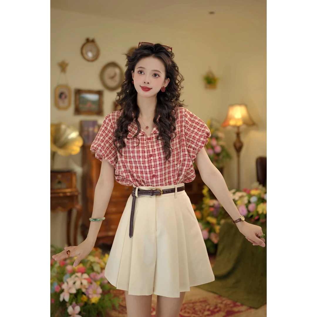 扣子家【星空秘密】港风复古格子印花衬衫女宽松休闲上衣KK0725482